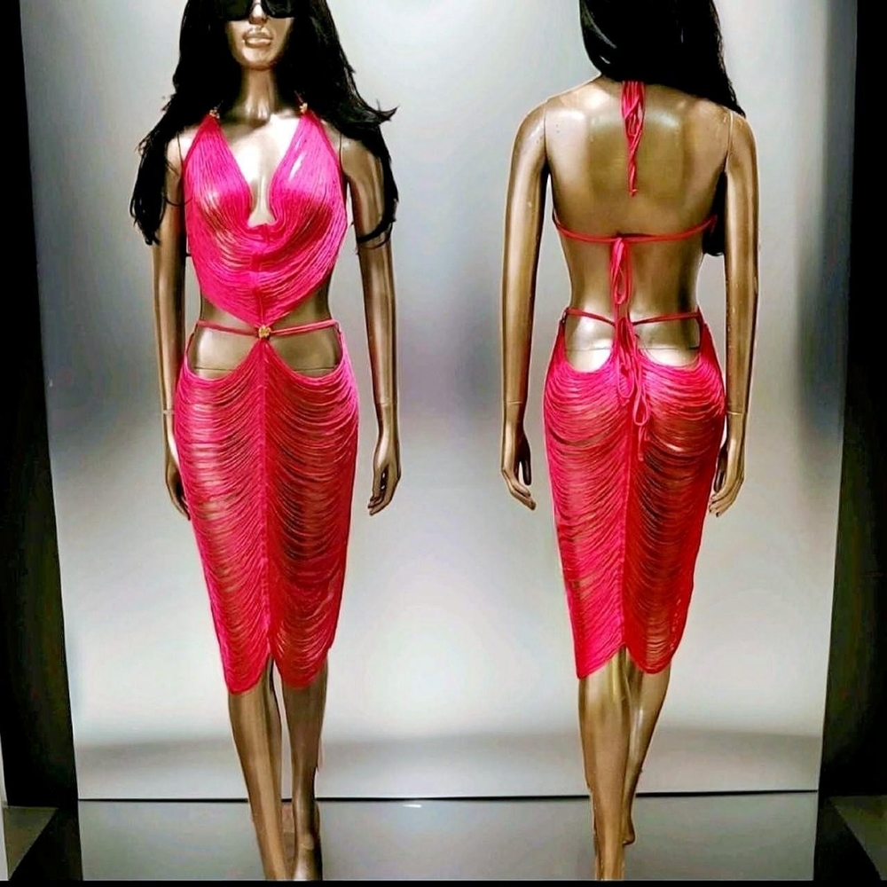 NWT Sunset Pink In Miami Sexy Cut Out Fringe Embellished Ibiza Festival Dress - Picture 5 of 16